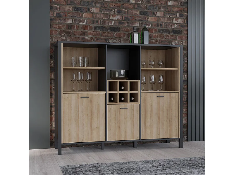 Buffet haut décor noir et effet chêne avec poignées noir - MODE