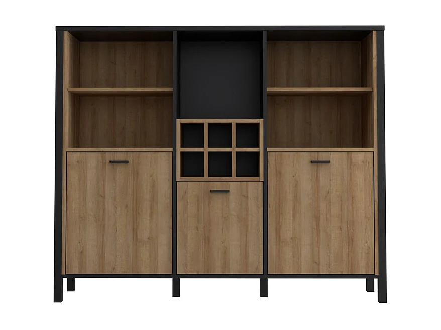 Buffet haut décor noir et effet chêne avec poignées noir - MODE