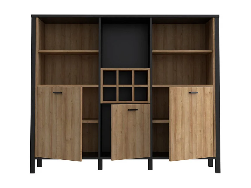 Buffet haut décor noir et effet chêne avec poignées noir - MODE