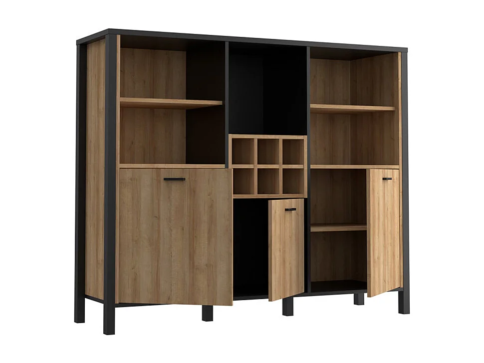 Buffet haut décor noir et effet chêne avec poignées noir - MODE