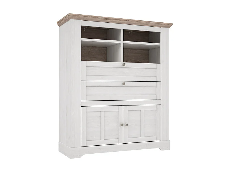 Buffet haut 2 portes 2 tiroirs 4 niches décor chêne blanchi - ANGELE