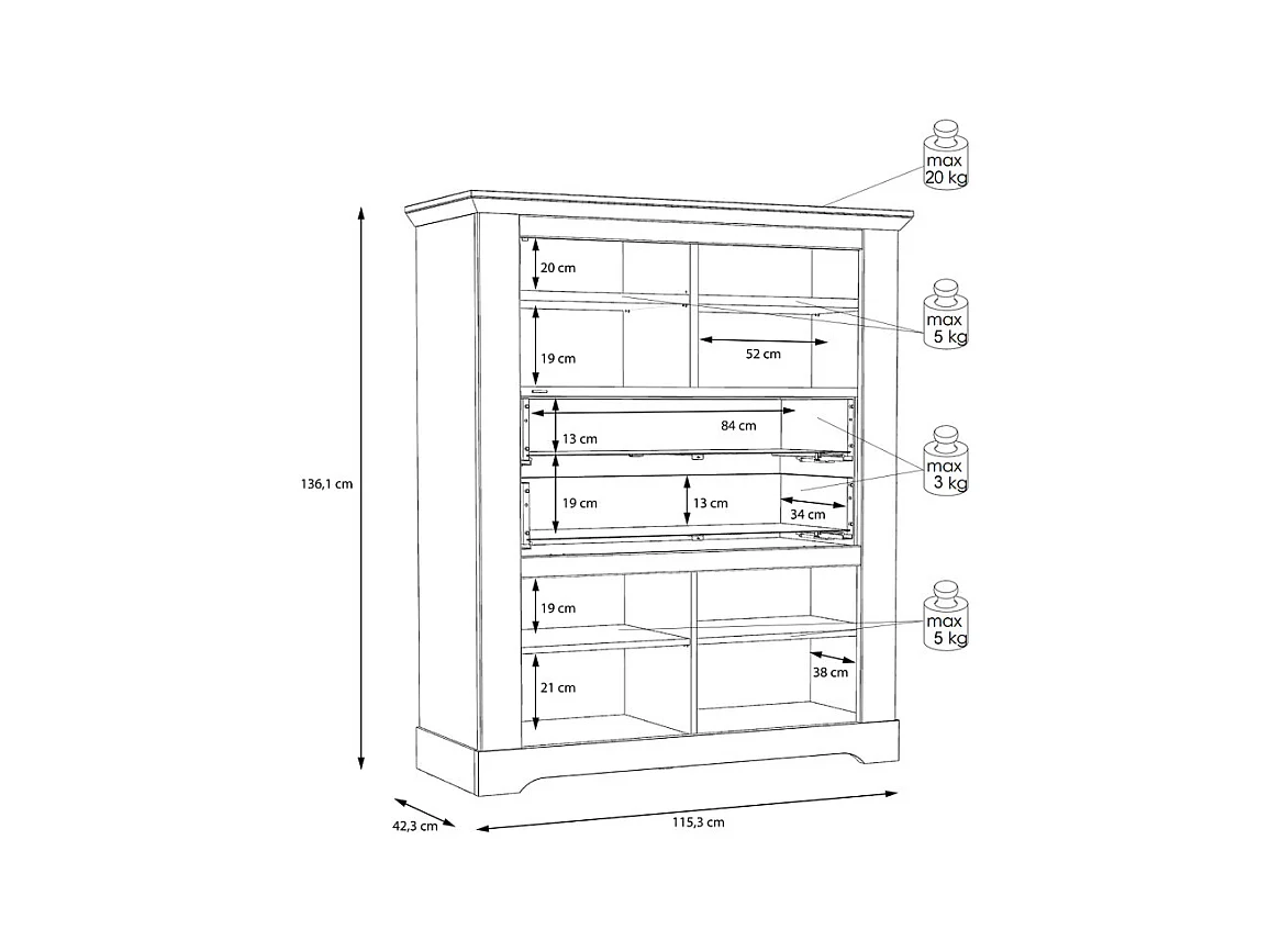 Buffet haut 2 portes 2 tiroirs 4 niches décor chêne blanchi - ANGELE