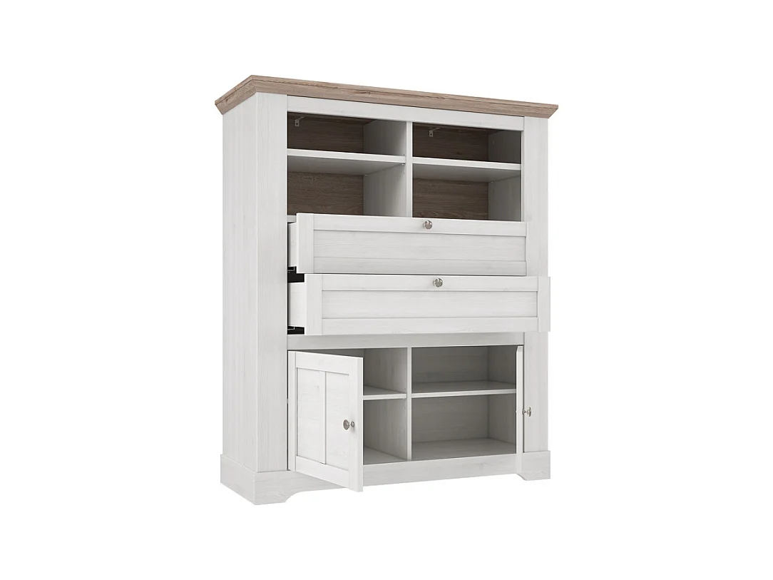 Buffet haut 2 portes 2 tiroirs 4 niches décor chêne blanchi - ANGELE