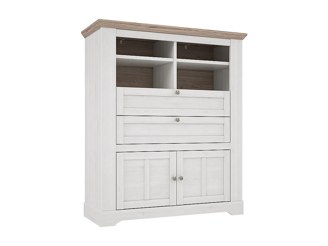Buffet haut 2 portes 2 tiroirs 4 niches décor chêne blanchi - ANGELE
