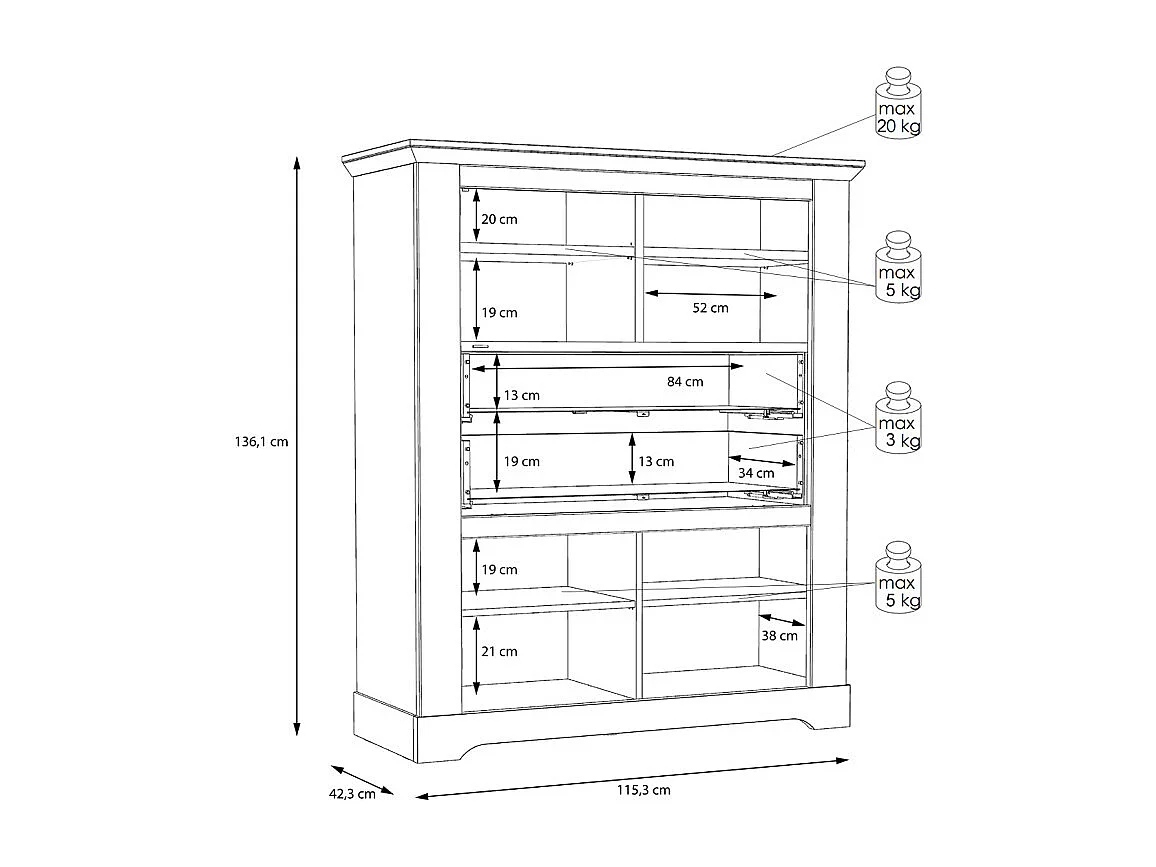 Buffet haut 2 portes 2 tiroirs 4 niches décor chêne blanchi - ANGELE