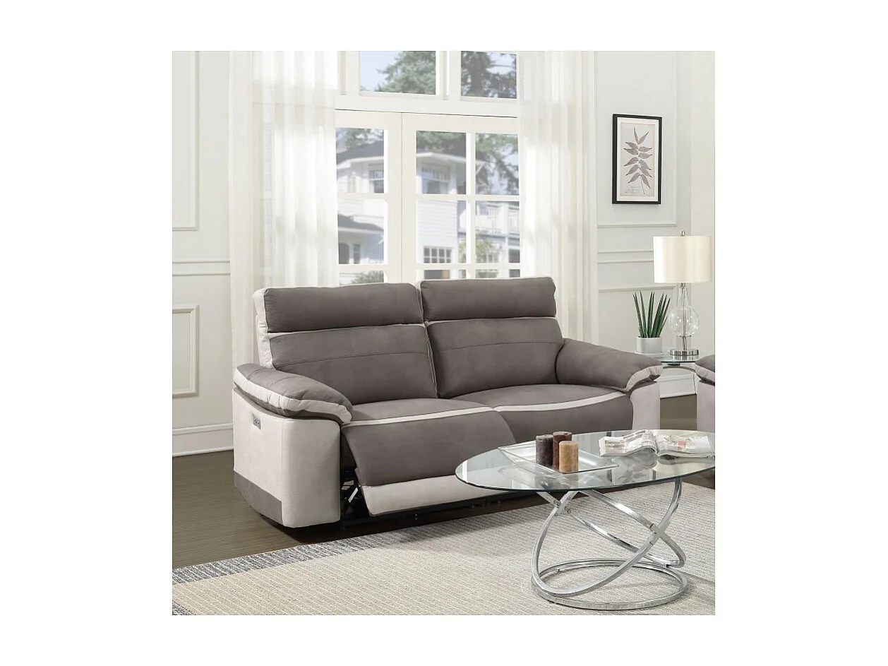 Canapé relaxation 2,5 places motorisé en tissu bicolore taupe - CLARA