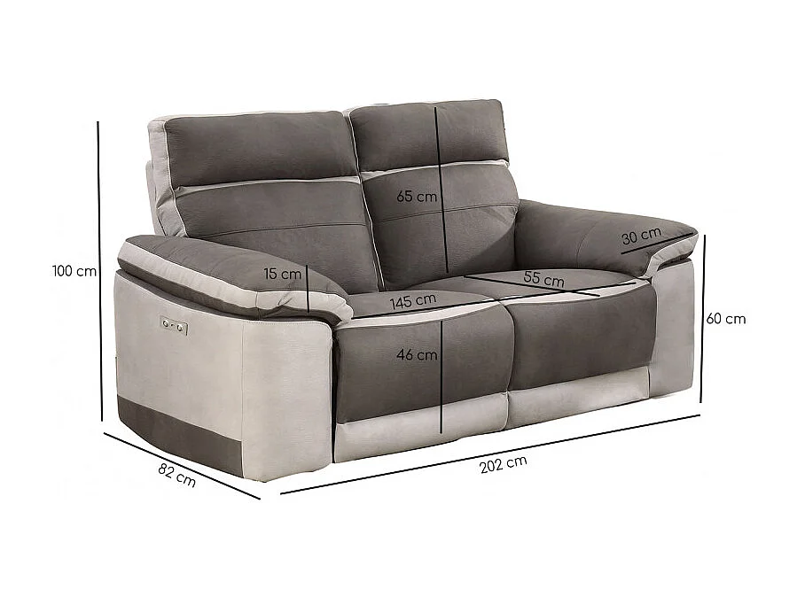 Canapé relaxation 2,5 places motorisé en tissu bicolore taupe - CLARA