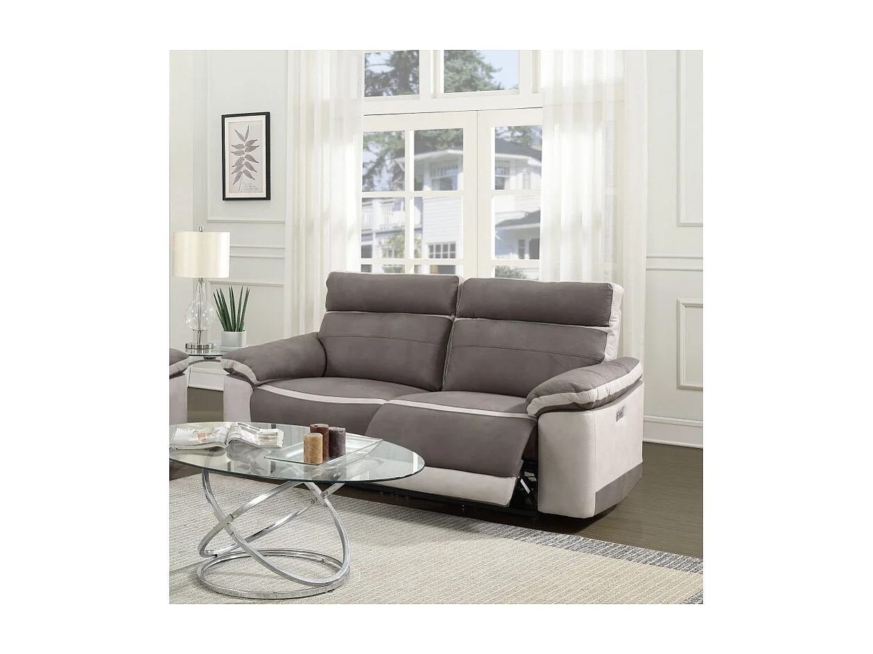 Canapé relaxation 2,5 places motorisé en tissu bicolore taupe - CLARA