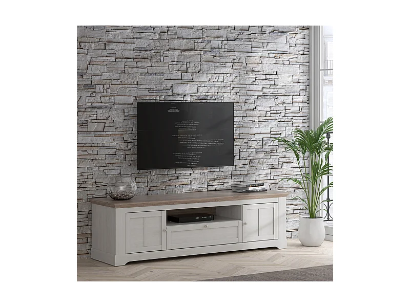 Meuble TV 205 cm 2 portes 1 tiroir décor chêne blanchi - ANGELE