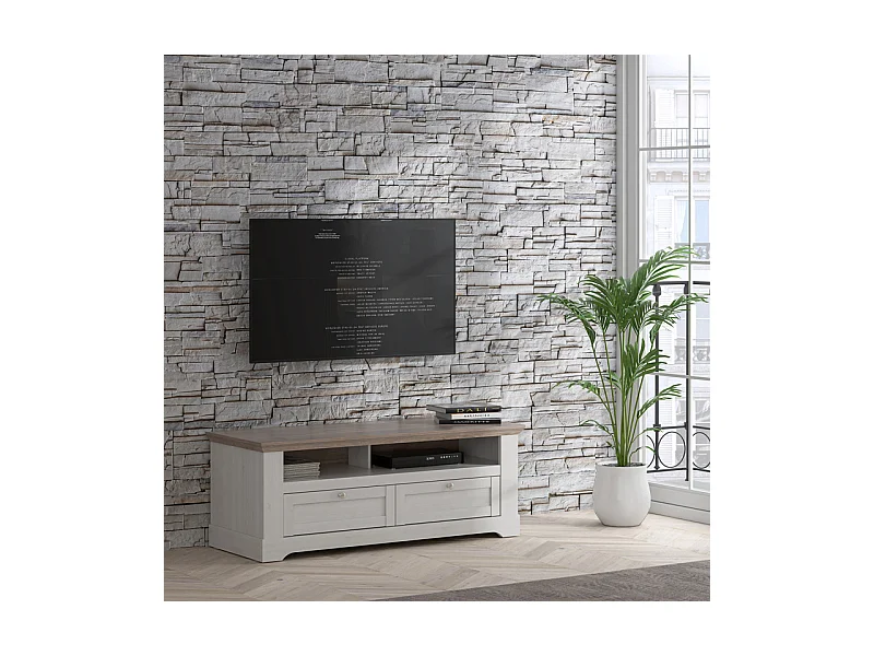 Meuble TV 145 cm 2 tiroirs 2 niches décor chêne blanchi - ANGELE