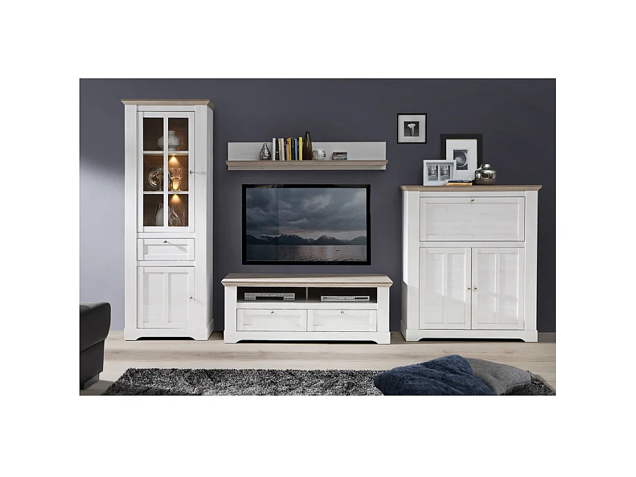 Meuble TV 145 cm 2 tiroirs 2 niches décor chêne blanchi - ANGELE