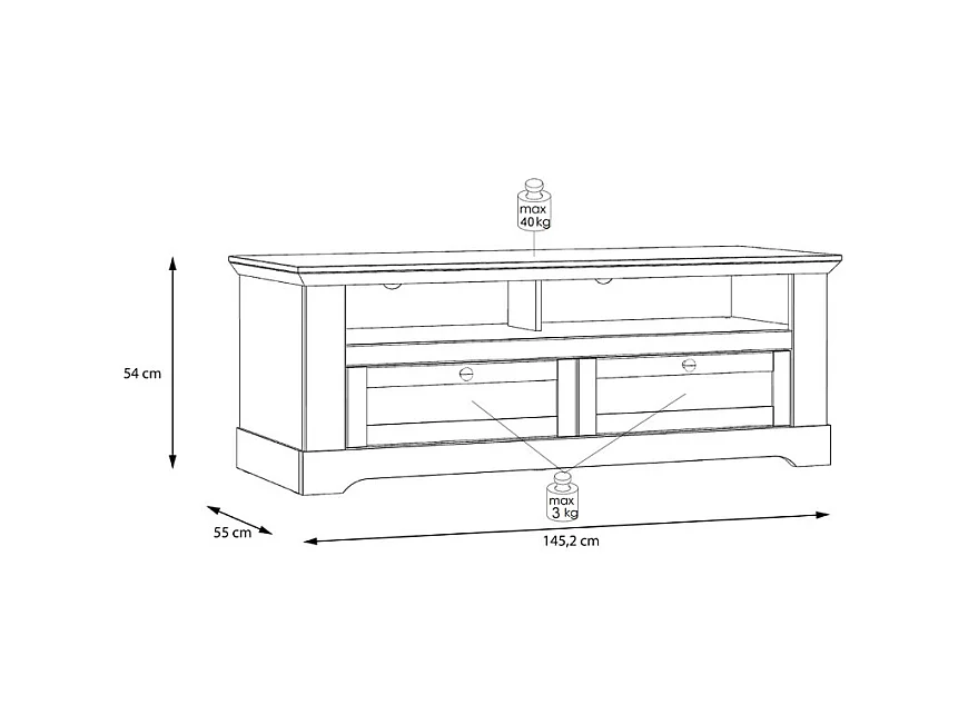Meuble TV 145 cm 2 tiroirs 2 niches décor chêne blanchi - ANGELE