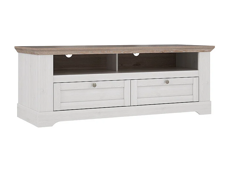 Meuble TV 145 cm 2 tiroirs 2 niches décor chêne blanchi - ANGELE