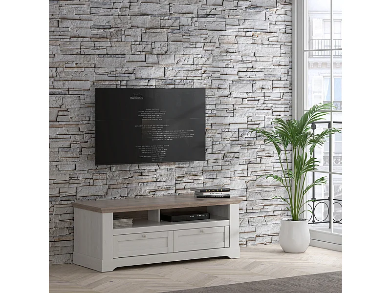 Meuble TV 145 cm 2 tiroirs 2 niches décor chêne blanchi - ANGELE