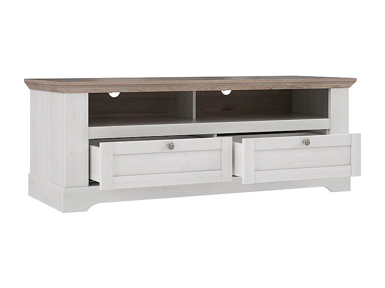 Meuble TV 145 cm 2 tiroirs 2 niches décor chêne blanchi - ANGELE