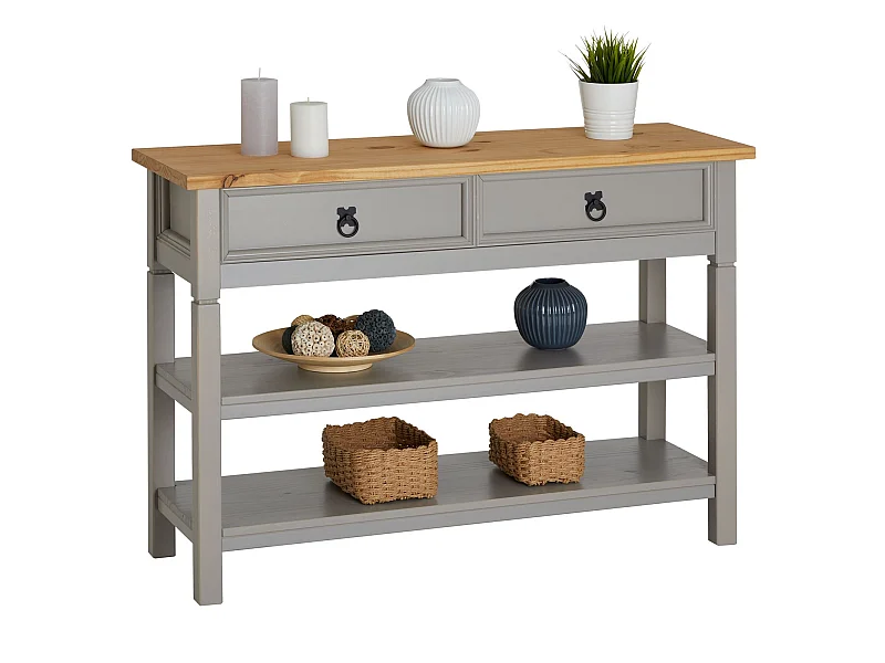 Table console TEQUILA table d'appoint style mexicain avec 1 tiroir et 2 étagères, en pin massif lasuré gris et brun