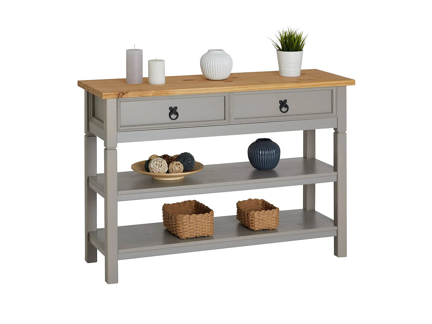 Table console TEQUILA table d'appoint style mexicain avec 1 tiroir et 2 étagères, en pin massif lasuré gris et brun
