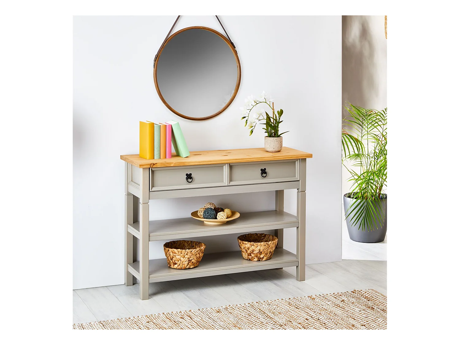 Table console TEQUILA table d'appoint style mexicain avec 1 tiroir et 2 étagères, en pin massif lasuré gris et brun