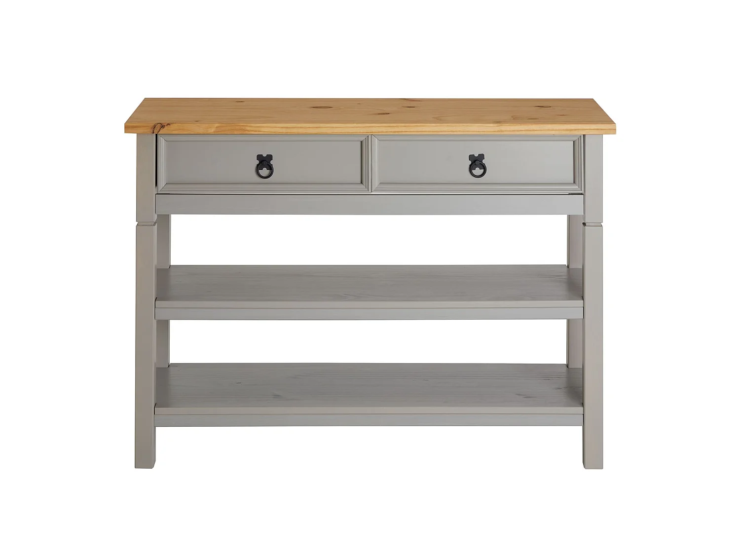 Table console TEQUILA table d'appoint style mexicain avec 1 tiroir et 2 étagères, en pin massif lasuré gris et brun