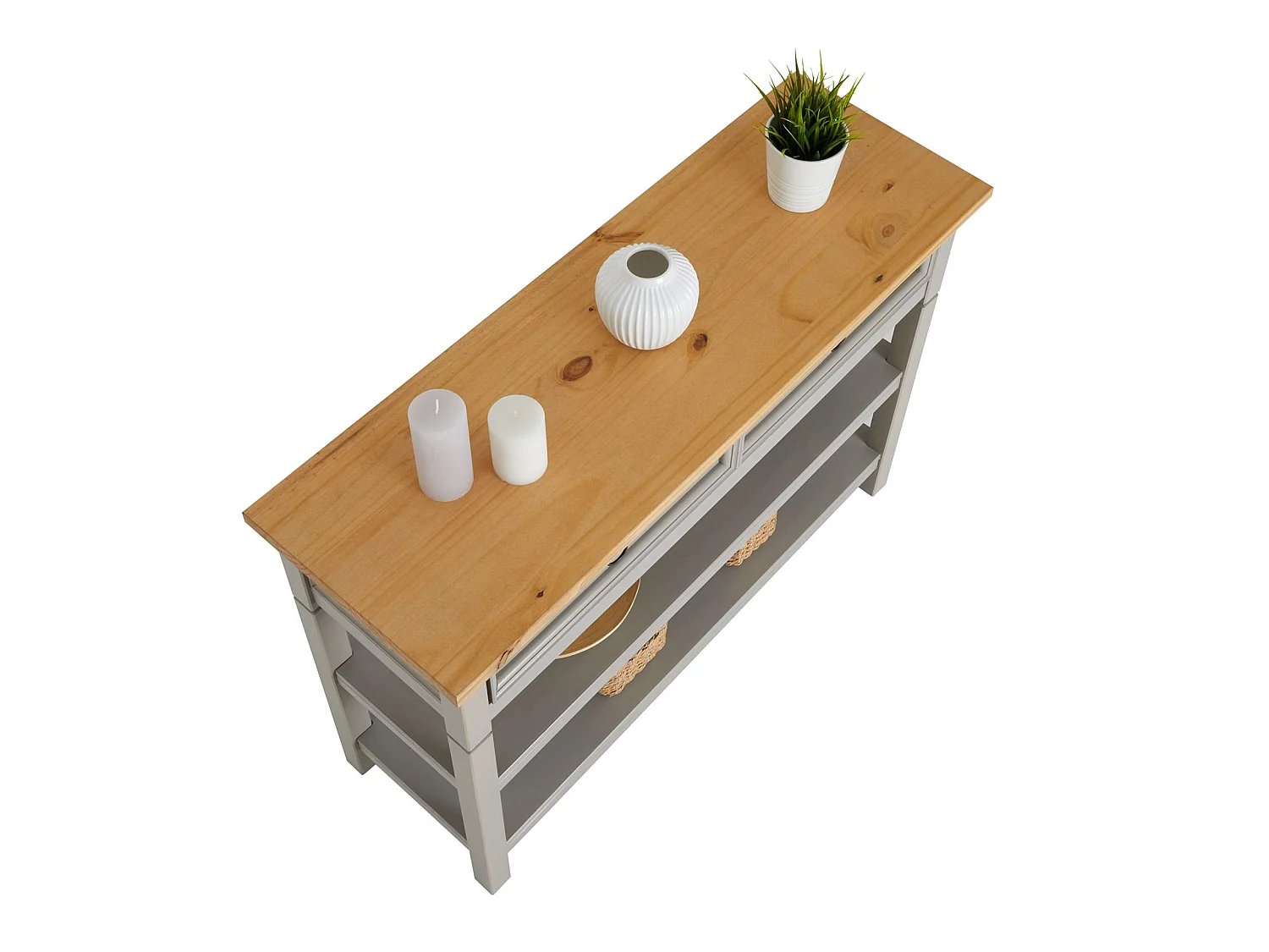 Table console TEQUILA table d'appoint style mexicain avec 1 tiroir et 2 étagères, en pin massif lasuré gris et brun