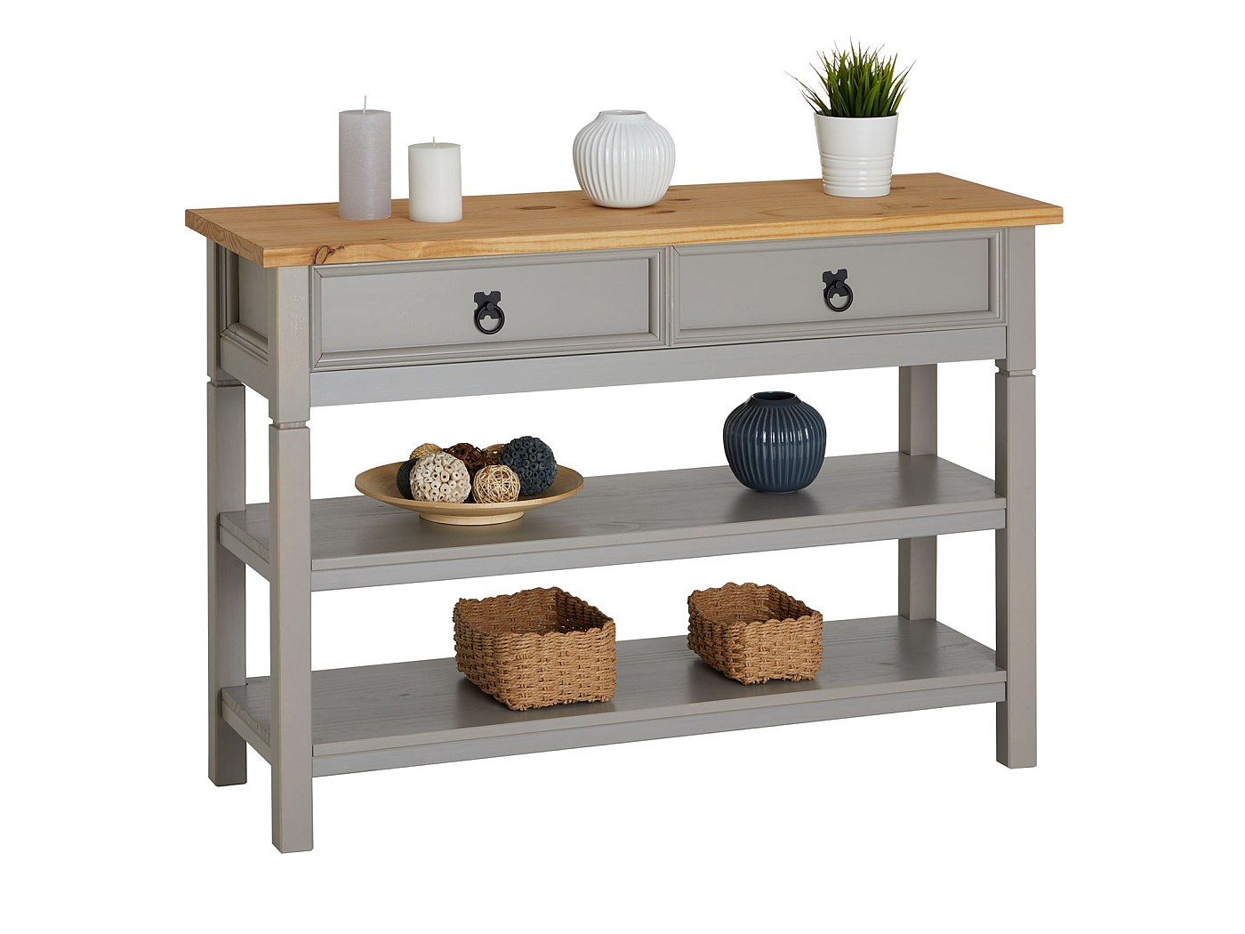 Table console en pin TEQUILA style mexicain, 1 tiroir et 2 étagères, lasuré gris et brun | Leroy Table console en pin TEQUILA style mexicain, 1 tiroir et 2 étagères, lasuré gris et brun | Leroy