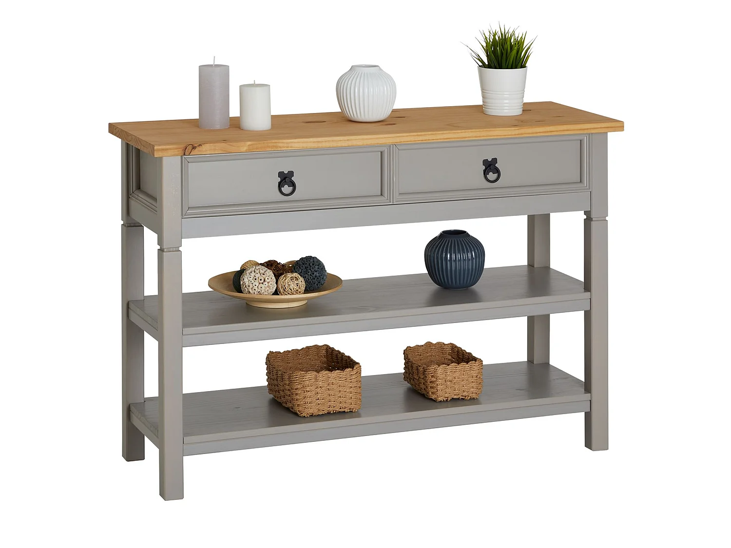 Table console TEQUILA table d'appoint style mexicain avec 1 tiroir et 2 étagères, en pin massif lasuré gris et brun