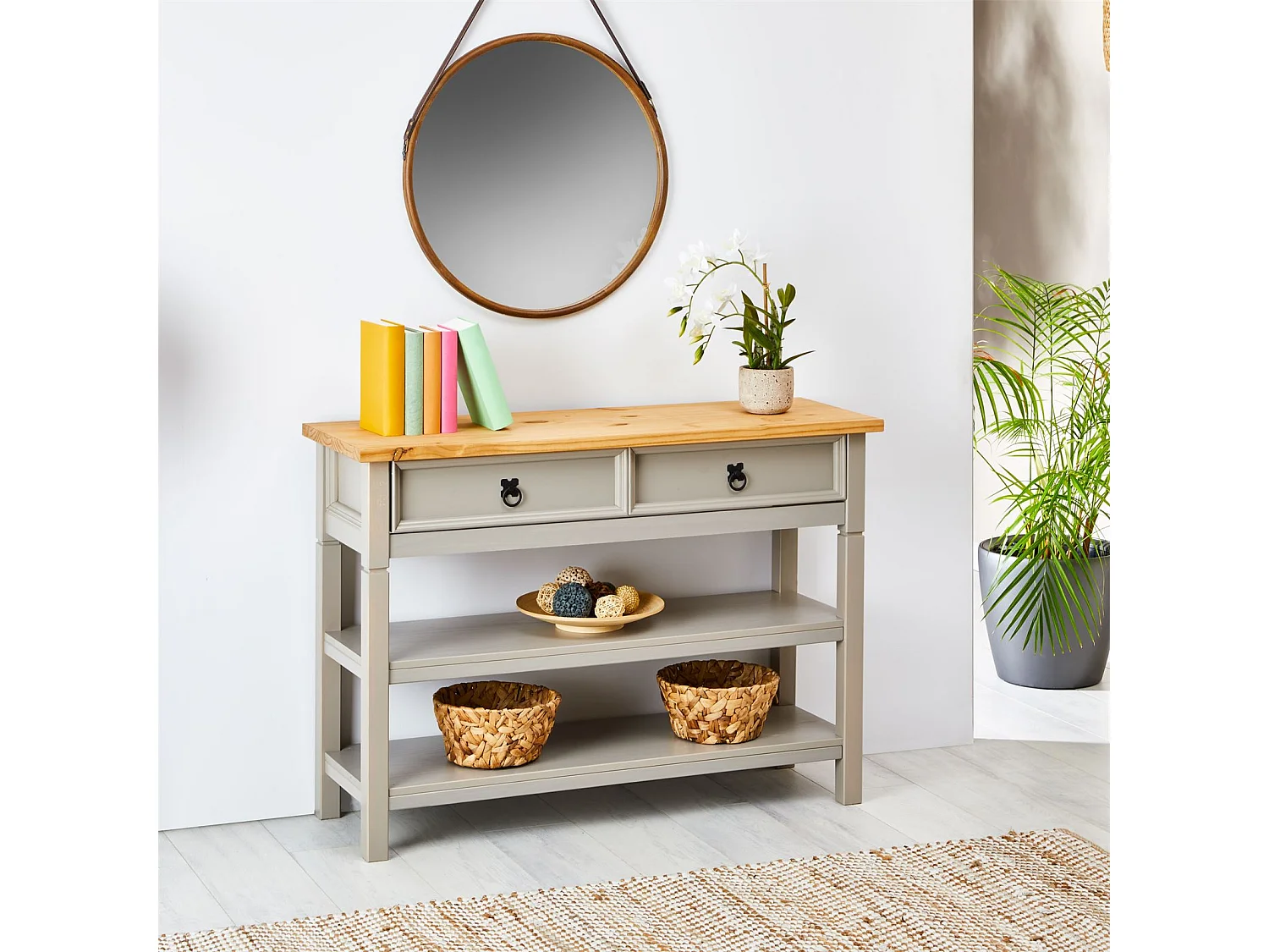Table console TEQUILA table d'appoint style mexicain avec 1 tiroir et 2 étagères, en pin massif lasuré gris et brun