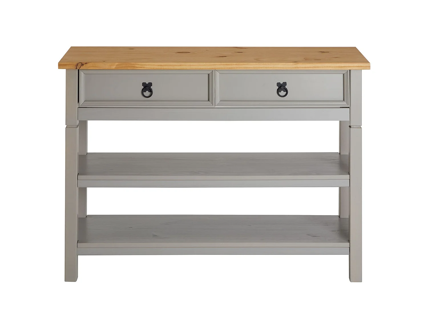 Table console TEQUILA table d'appoint style mexicain avec 1 tiroir et 2 étagères, en pin massif lasuré gris et brun