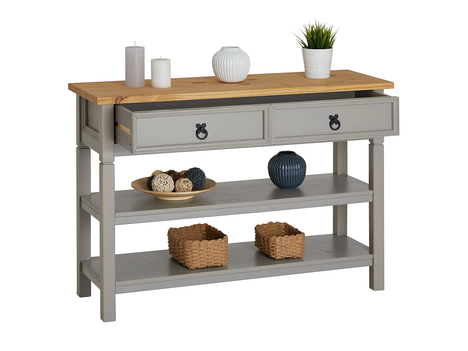 Table console TEQUILA table d'appoint style mexicain avec 1 tiroir et 2 étagères, en pin massif lasuré gris et brun