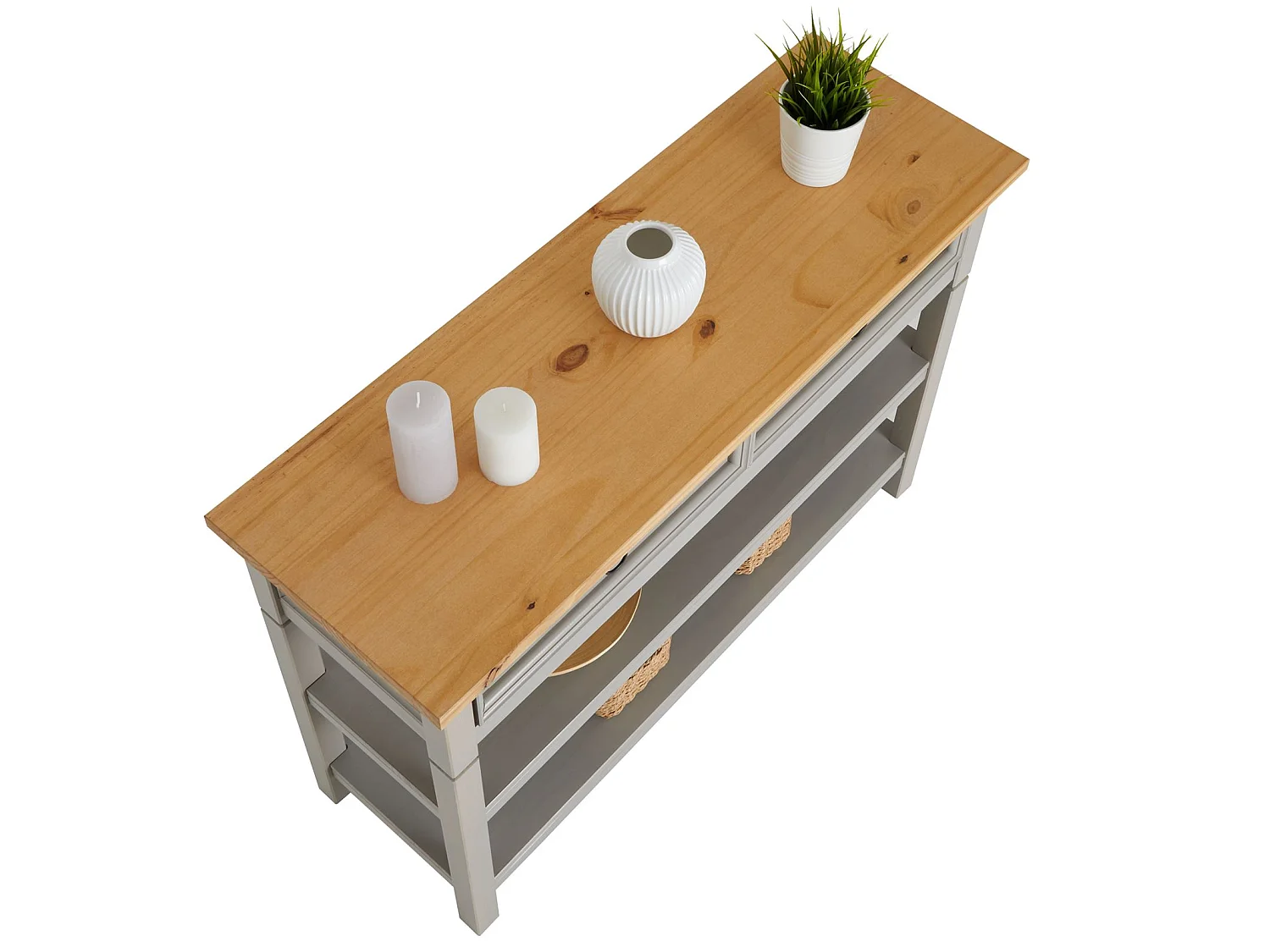 Table console TEQUILA table d'appoint style mexicain avec 1 tiroir et 2 étagères, en pin massif lasuré gris et brun