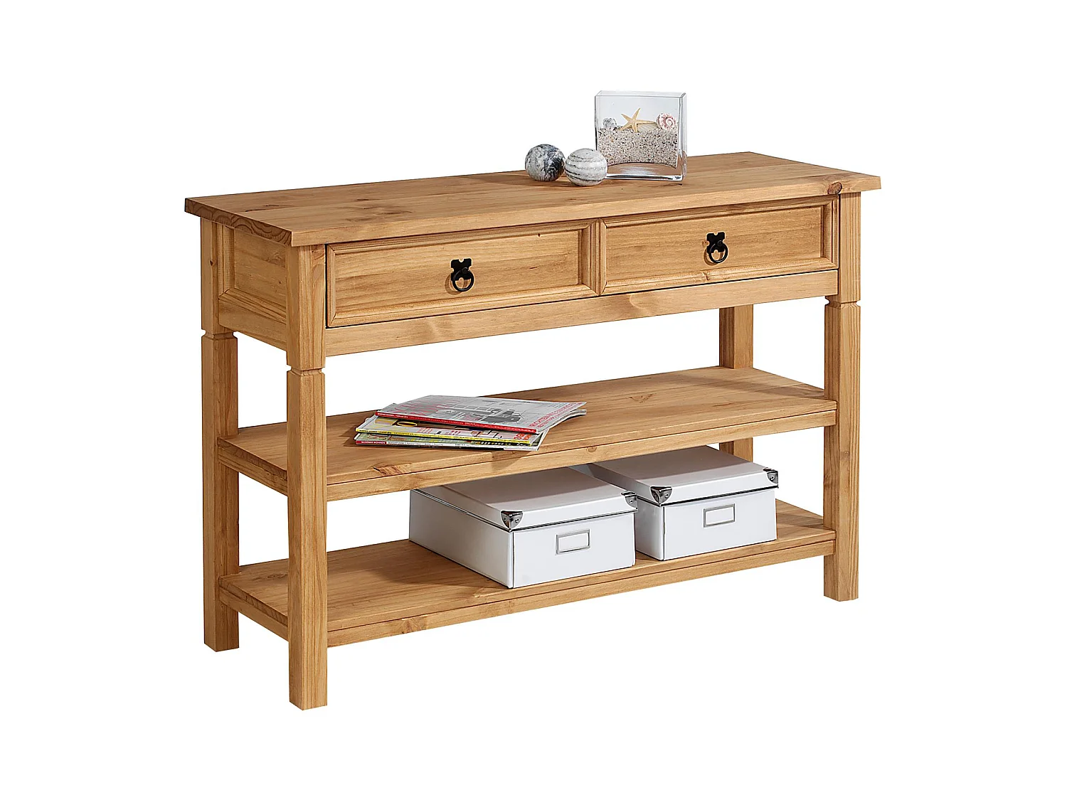 Table console TEQUILA table d'appoint style mexicain avec 1 tiroir et 2 étagères, en pin massif finition teintée/cirée