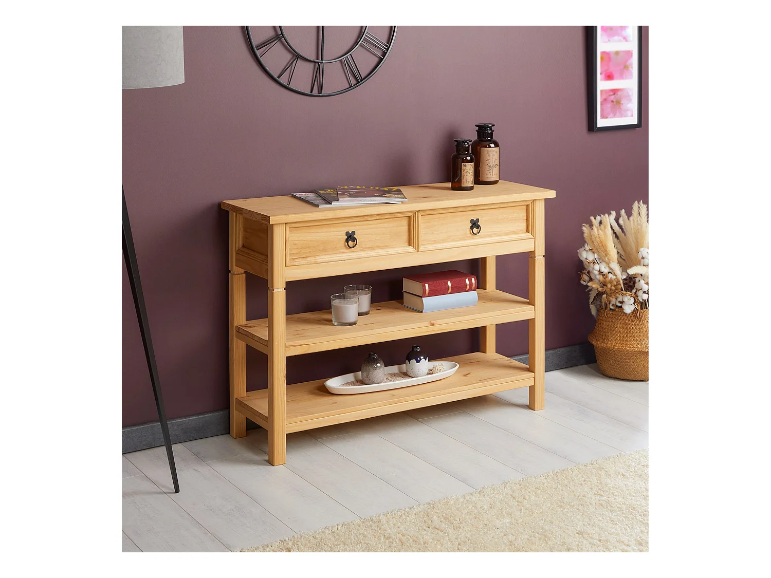 Table console TEQUILA table d'appoint style mexicain avec 1 tiroir et 2 étagères, en pin massif finition teintée/cirée