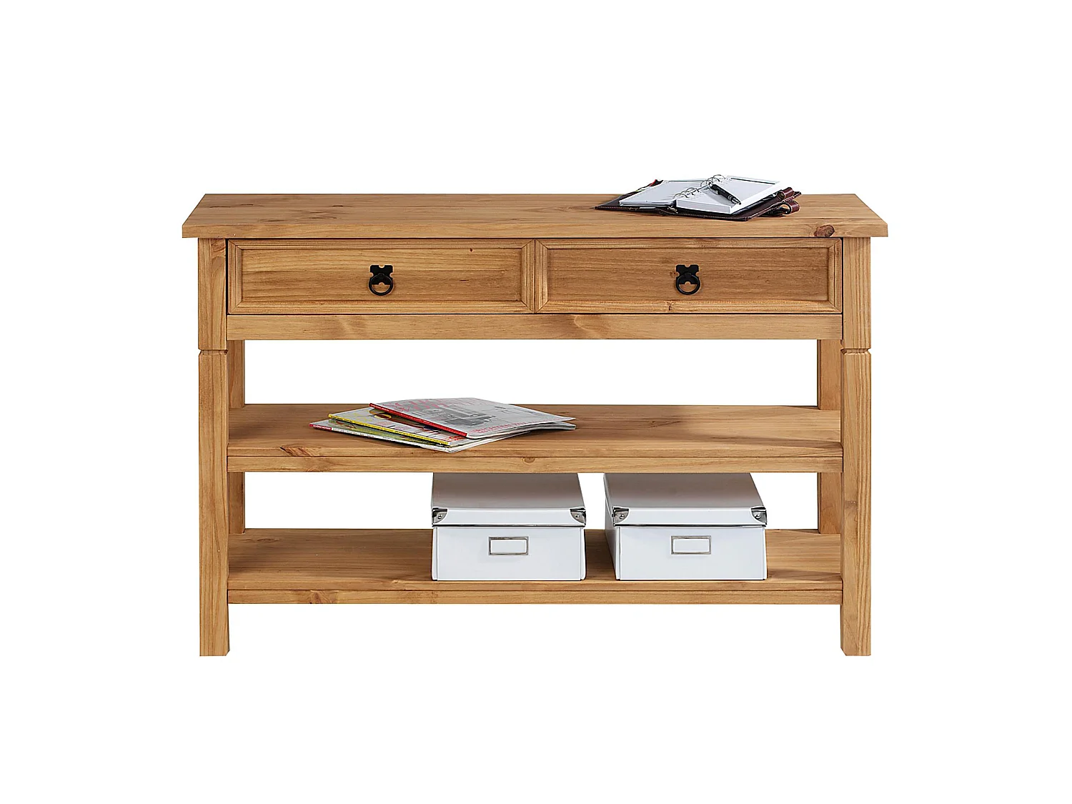 Table console TEQUILA table d'appoint style mexicain avec 1 tiroir et 2 étagères, en pin massif finition teintée/cirée