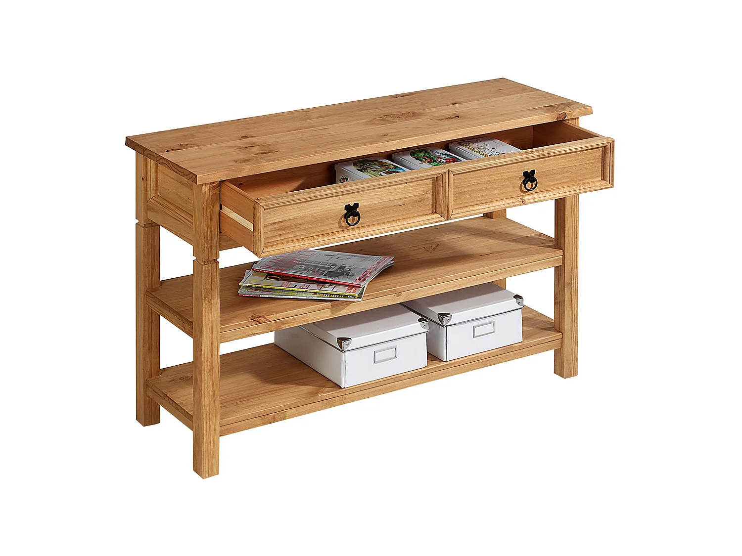 Table console TEQUILA table d'appoint style mexicain avec 1 tiroir et 2 étagères, en pin massif finition teintée/cirée