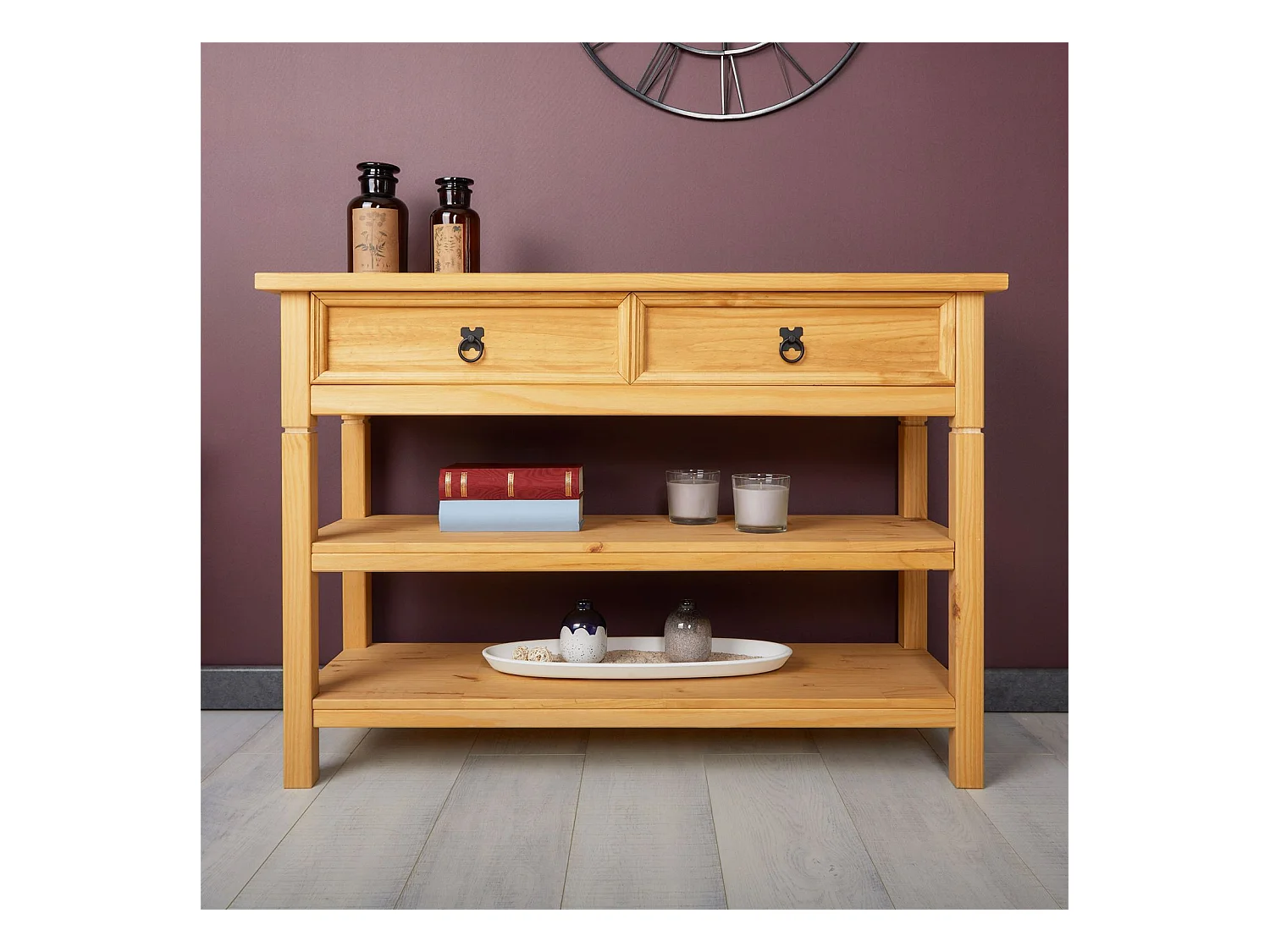 Table console TEQUILA table d'appoint style mexicain avec 1 tiroir et 2 étagères, en pin massif finition teintée/cirée