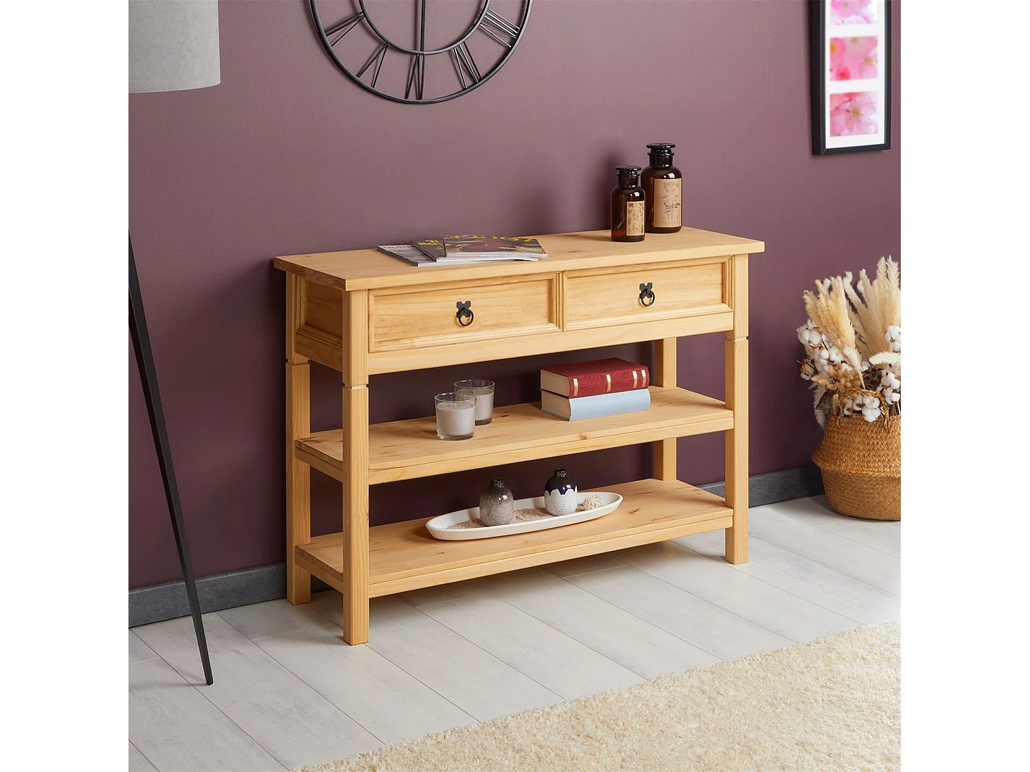 Table console TEQUILA table d'appoint style mexicain avec 1 tiroir et 2 étagères, en pin massif finition teintée/cirée