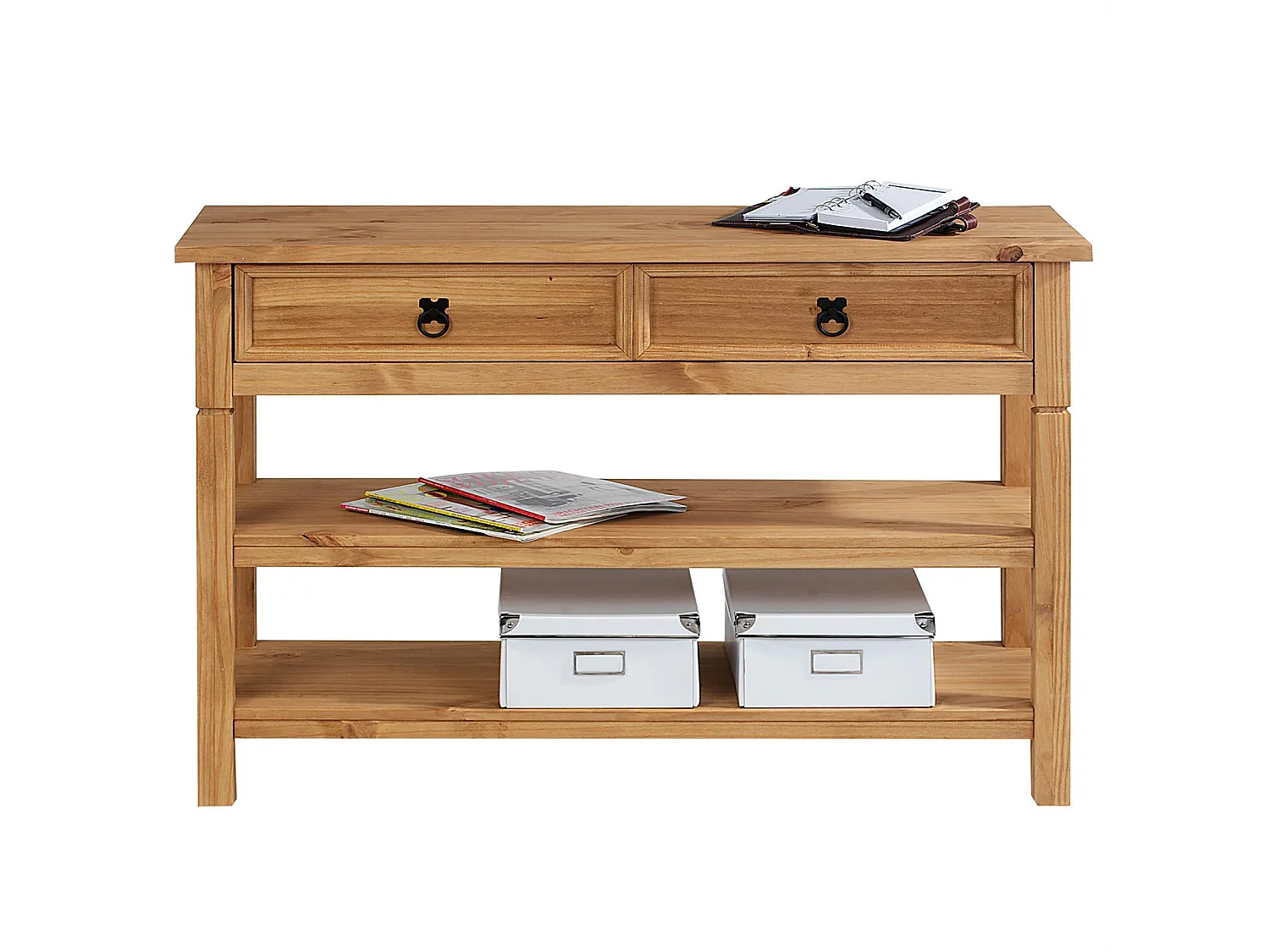 Table console TEQUILA table d'appoint style mexicain avec 1 tiroir et 2 étagères, en pin massif finition teintée/cirée