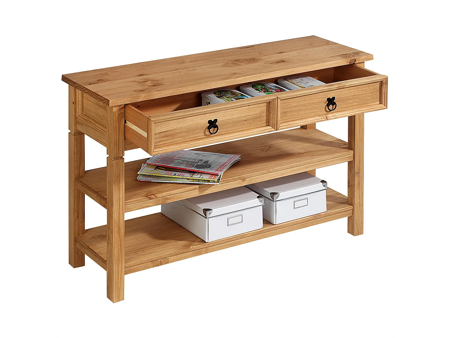 Table console TEQUILA table d'appoint style mexicain avec 1 tiroir et 2 étagères, en pin massif finition teintée/cirée