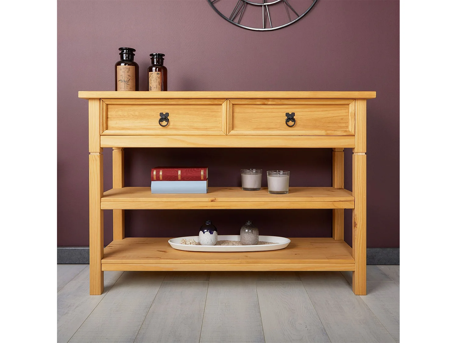 Table console TEQUILA table d'appoint style mexicain avec 1 tiroir et 2 étagères, en pin massif finition teintée/cirée