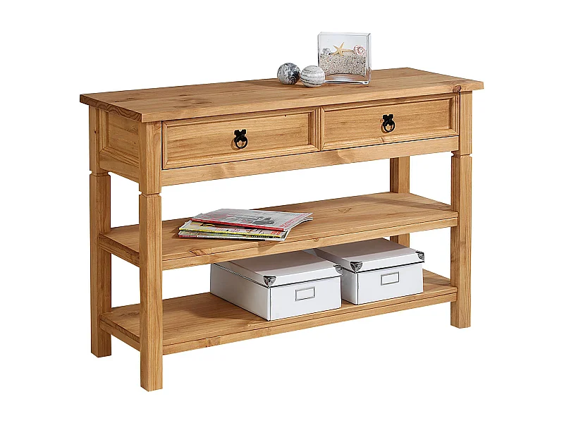 Table console TEQUILA table d'appoint style mexicain avec 1 tiroir et 2 étagères, en pin massif finition teintée/cirée