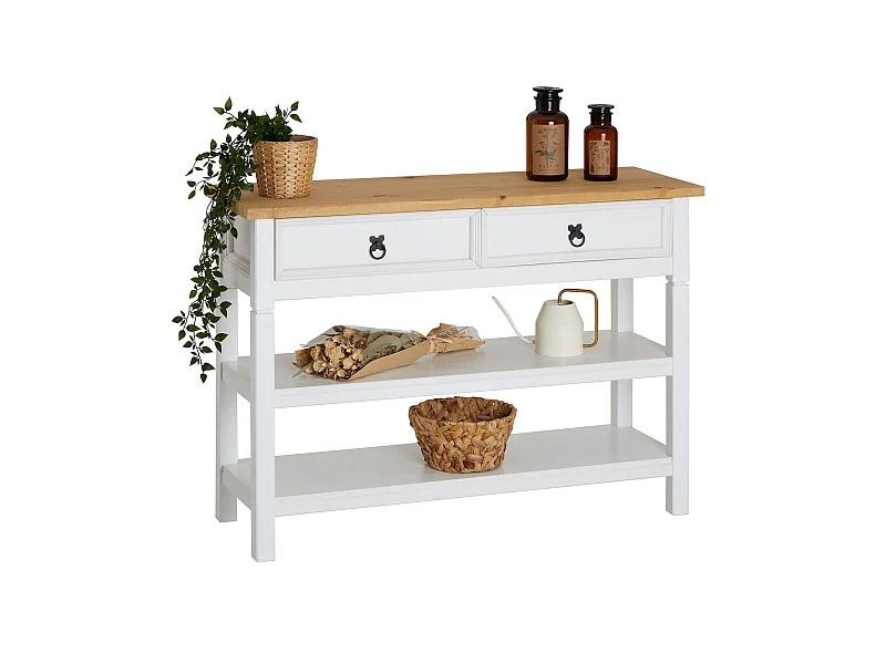 Table console TEQUILA table d'appoint style mexicain avec 1 grand tiroir et 2 étagères, en pin massif lasuré blanc et brun