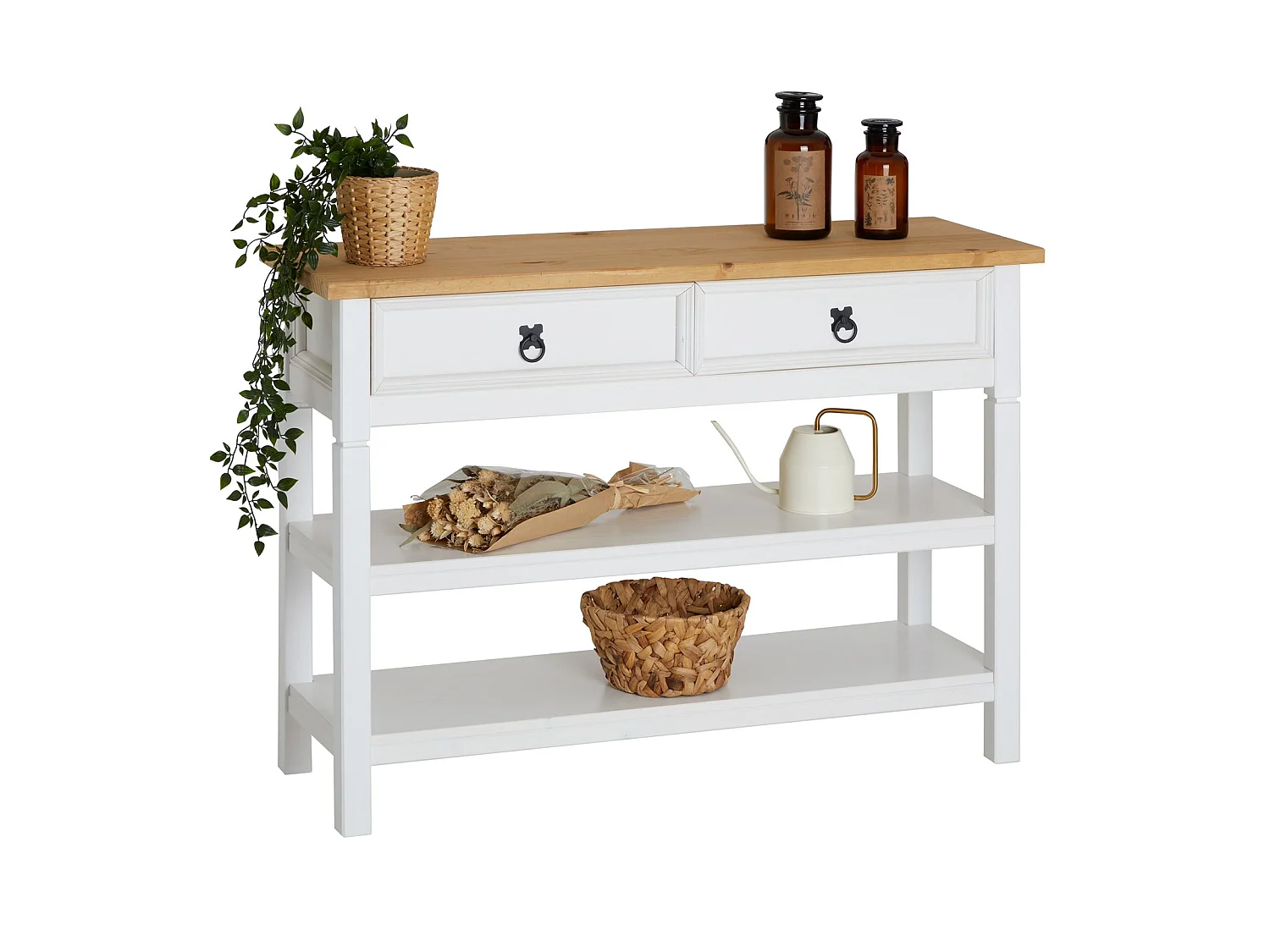 Table console TEQUILA table d'appoint style mexicain avec 1 grand tiroir et 2 étagères, en pin massif lasuré blanc et brun