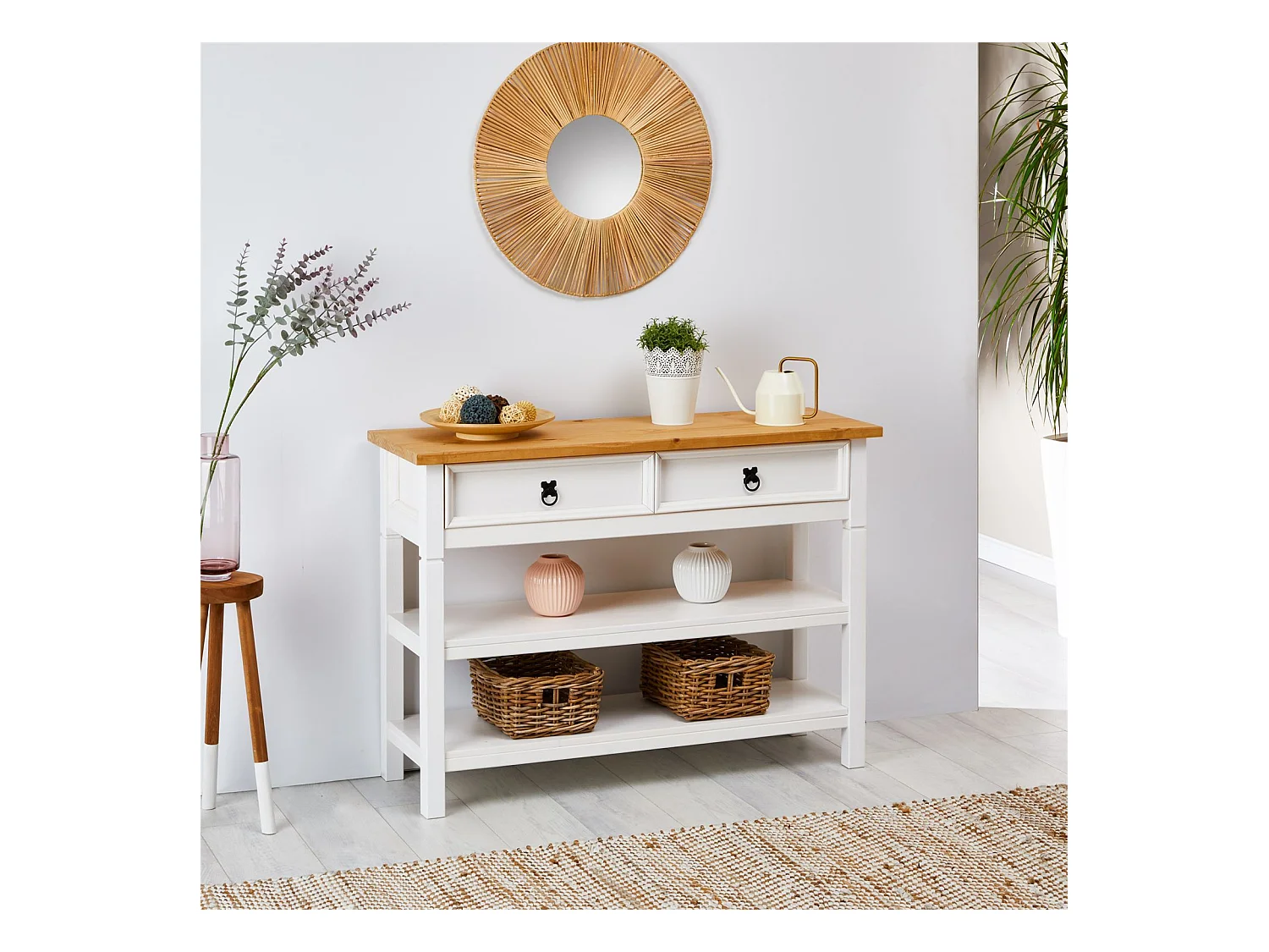 Table console TEQUILA table d'appoint style mexicain avec 1 grand tiroir et 2 étagères, en pin massif lasuré blanc et brun