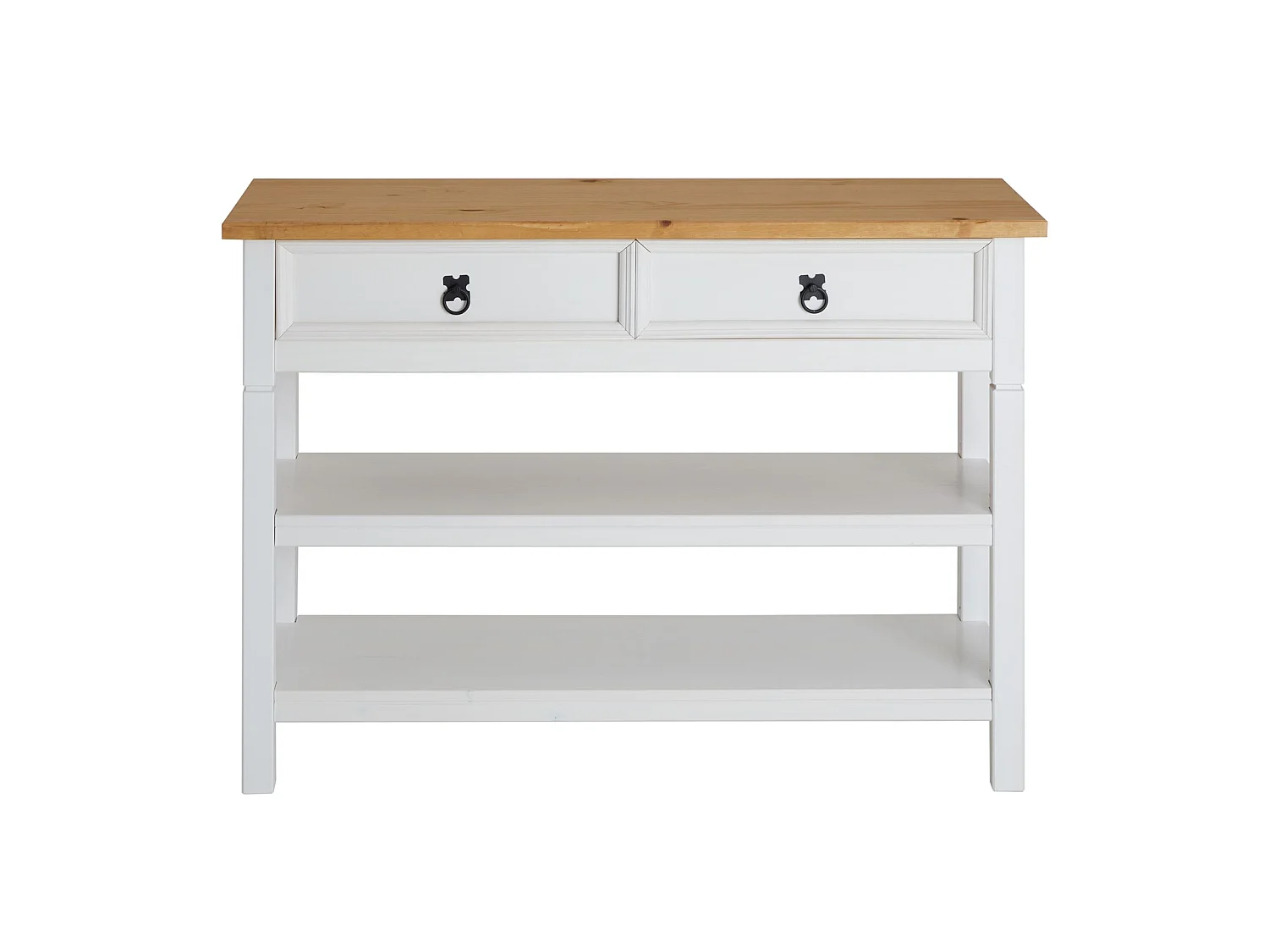 Table console TEQUILA table d'appoint style mexicain avec 1 grand tiroir et 2 étagères, en pin massif lasuré blanc et brun