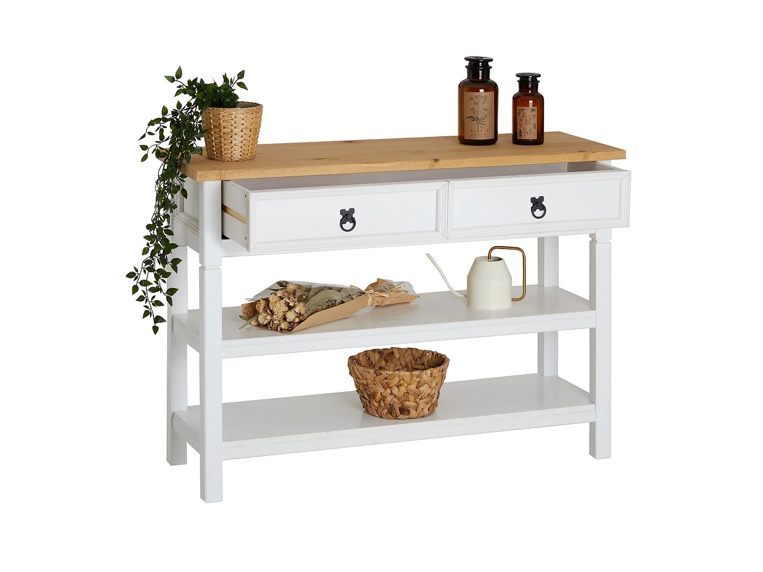 Table console TEQUILA table d'appoint style mexicain avec 1 grand tiroir et 2 étagères, en pin massif lasuré blanc et brun