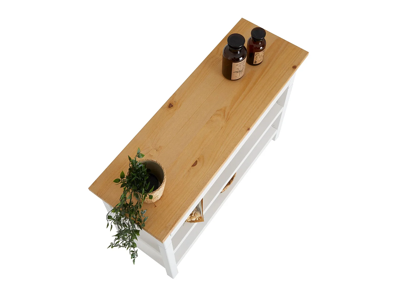 Table console TEQUILA table d'appoint style mexicain avec 1 grand tiroir et 2 étagères, en pin massif lasuré blanc et brun