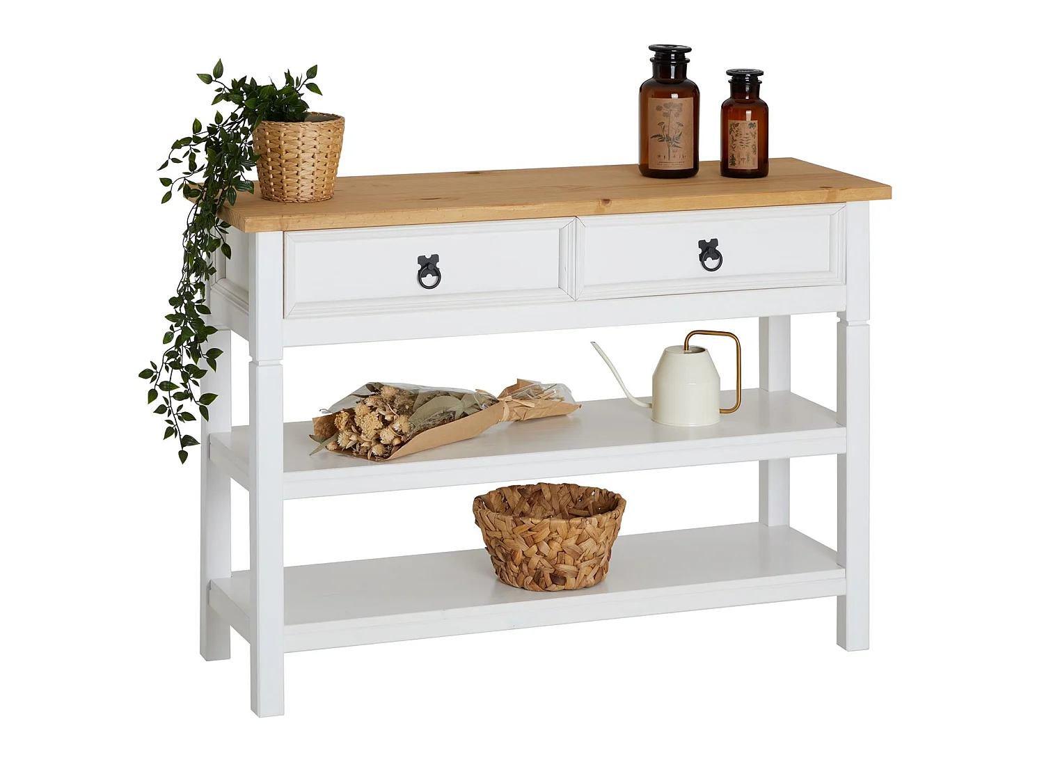 Table console TEQUILA table d'appoint style mexicain avec 1 grand tiroir et 2 étagères, en pin massif lasuré blanc et brun