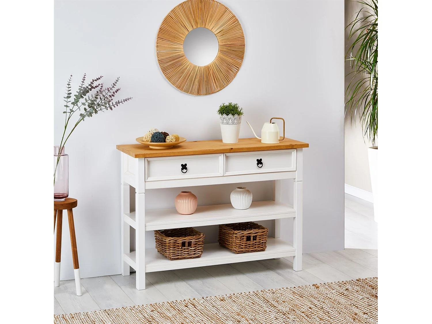 Table console TEQUILA table d'appoint style mexicain avec 1 grand tiroir et 2 étagères, en pin massif lasuré blanc et brun