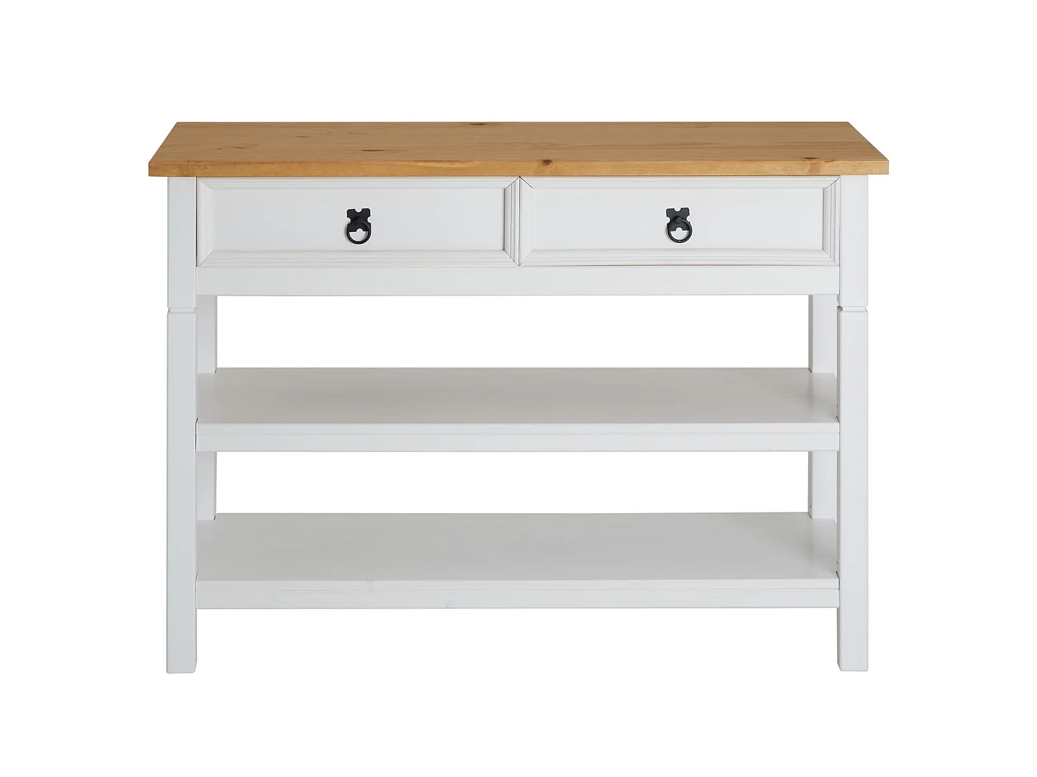 Table console TEQUILA table d'appoint style mexicain avec 1 grand tiroir et 2 étagères, en pin massif lasuré blanc et brun