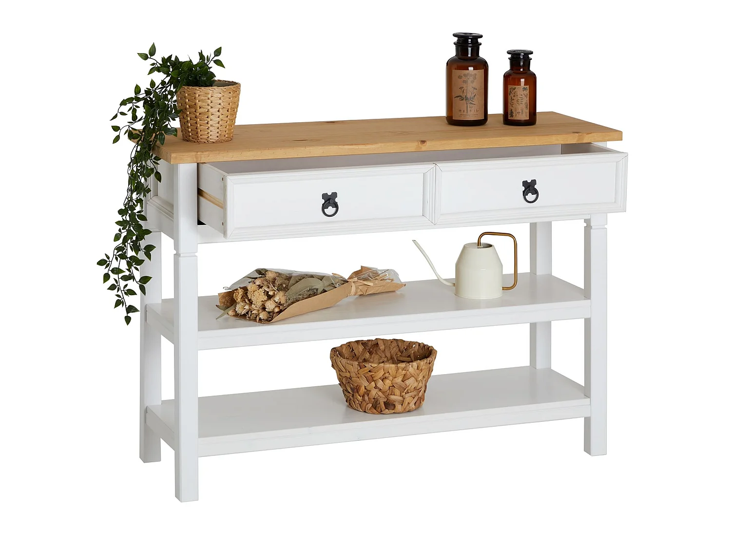 Table console TEQUILA table d'appoint style mexicain avec 1 grand tiroir et 2 étagères, en pin massif lasuré blanc et brun